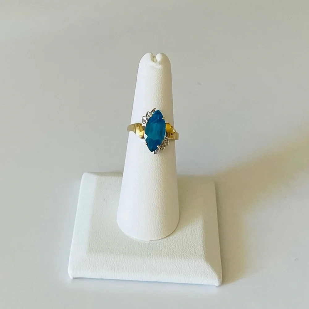14K Yellow Gold Marquise Blue Topaz Diamond Anniversary Cocktail Statement Sz 7